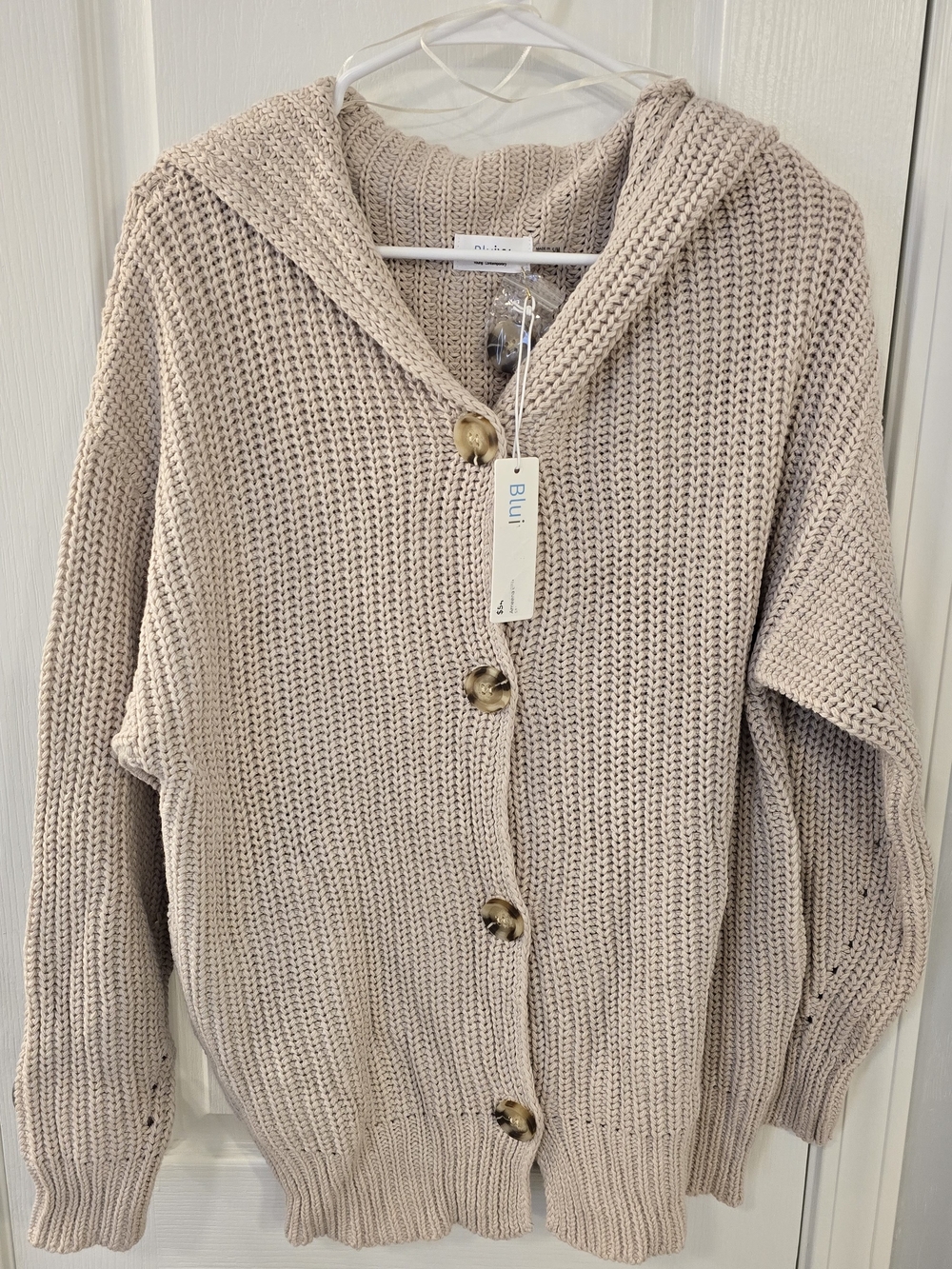 Bluivy Taupe Hooded Chunky Knit Cardigan with Tortoise Buttons